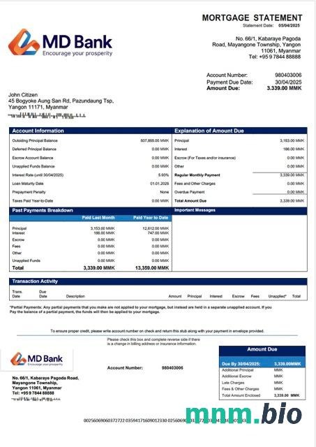 Myanmar MD Bank wyciąg z kredytu hipotecznego szablon Word i PDF